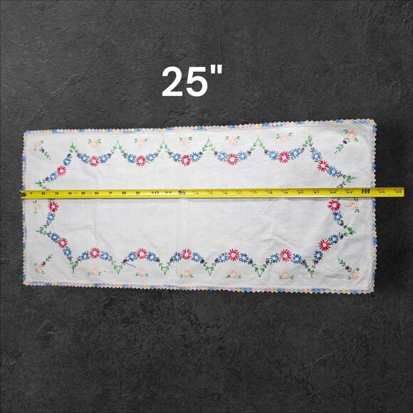 Vintage Hand Embroidered & Crochet Linen Runners Pair Floral & Red Trim 24" - Picture 9 of 12